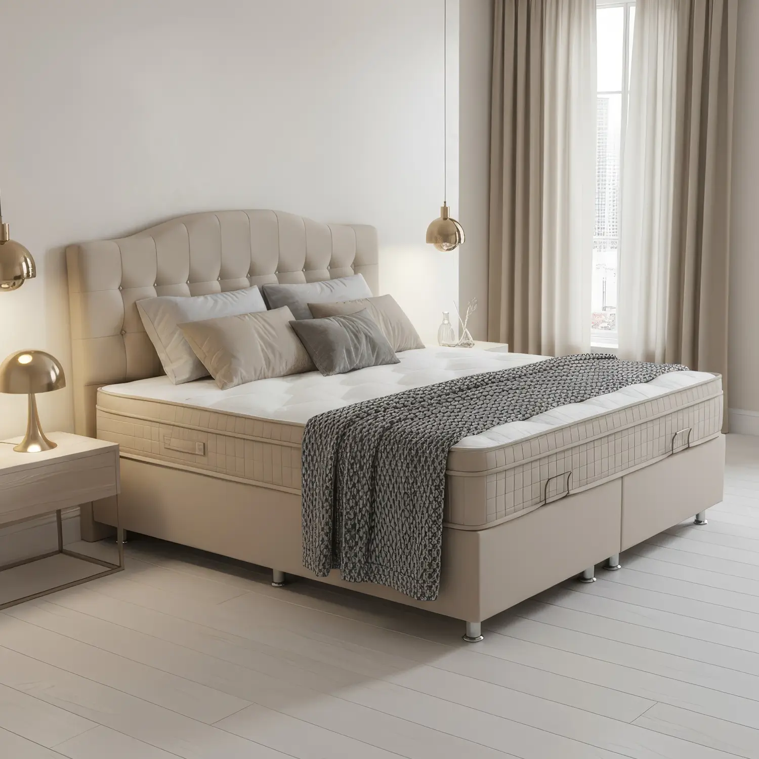Boxspring Dora beige velvet – opbergruimte en direct leverbaar