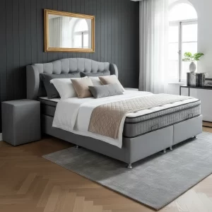 Boxspring Dorian velvet grijs – op voorraad met opbergruimte