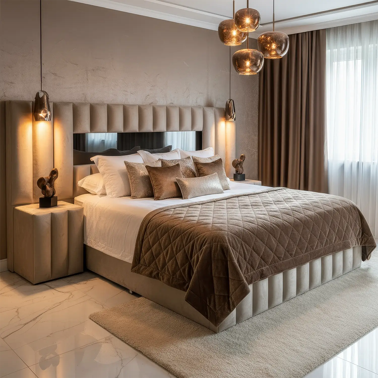 Boxspring Metropolis XXL met geïntegreerde sfeerhaard in hoofdbord, aanpasbaar design inclusief opties voor elektrische aanpassingen, opbergruimte, tv-lift en bijpassende nachtkastjes bedbank.