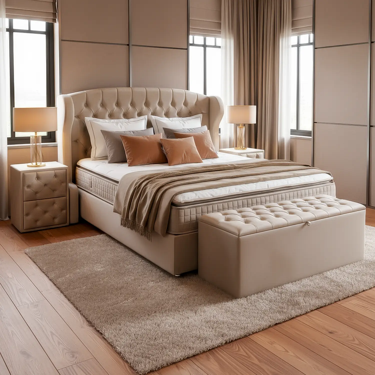 Boxspring Napoli velvet taupe met opbergruimte – luxe Chesterfield uitstraling