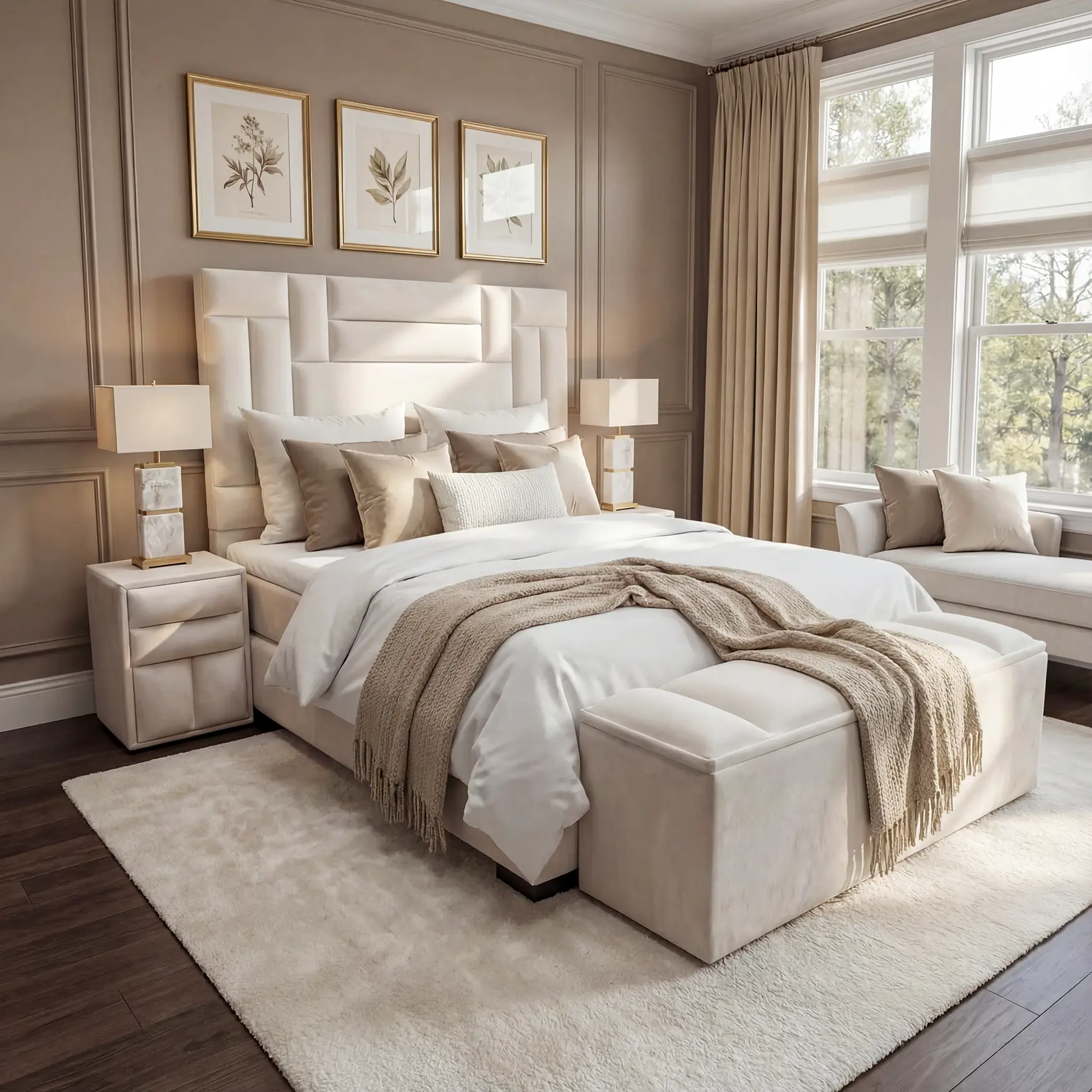 Velvet crème boxspring Perla in stijlvolle slaapkamer