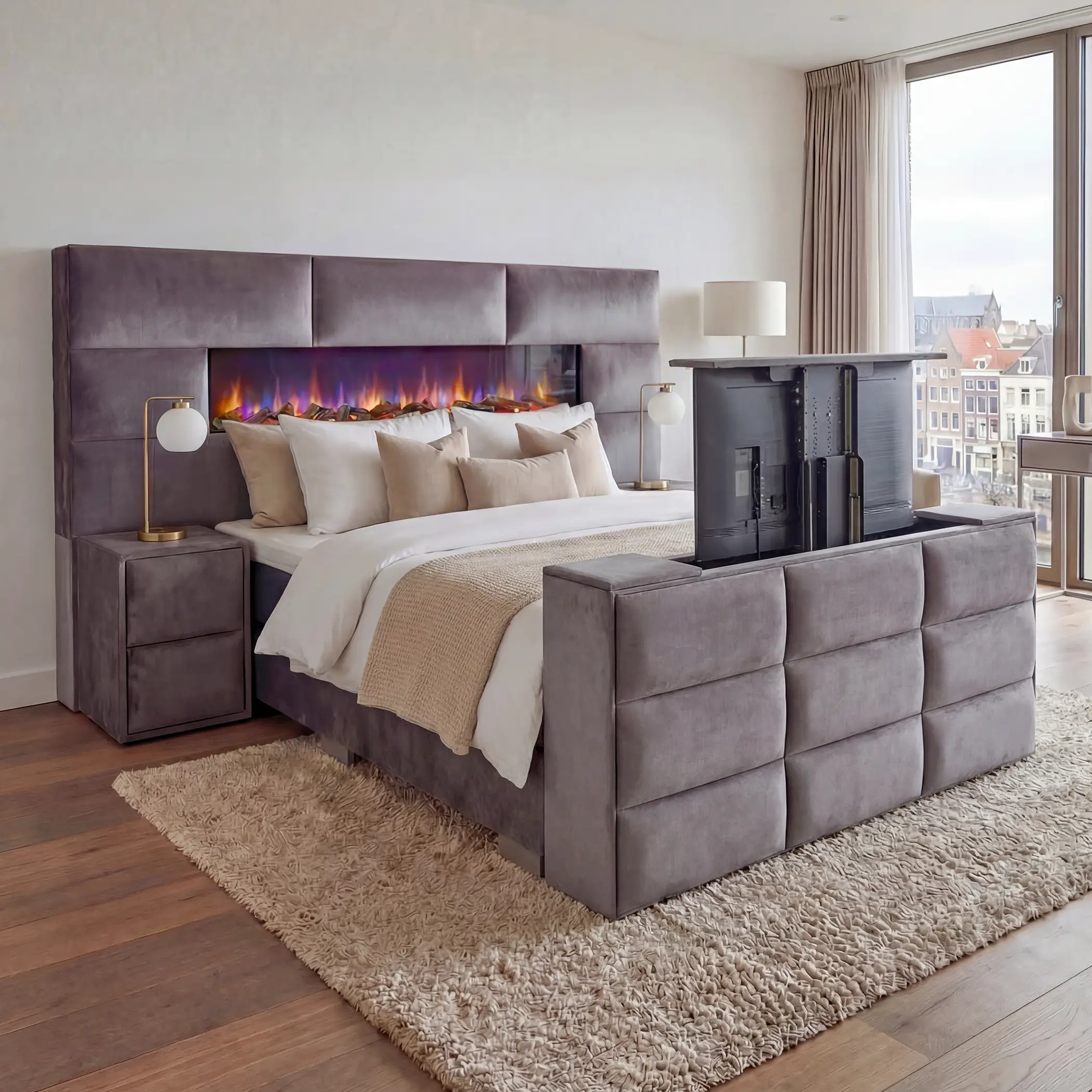 Boxspring Queen XXL aanbieding luxe boxspring met sfeerhaard